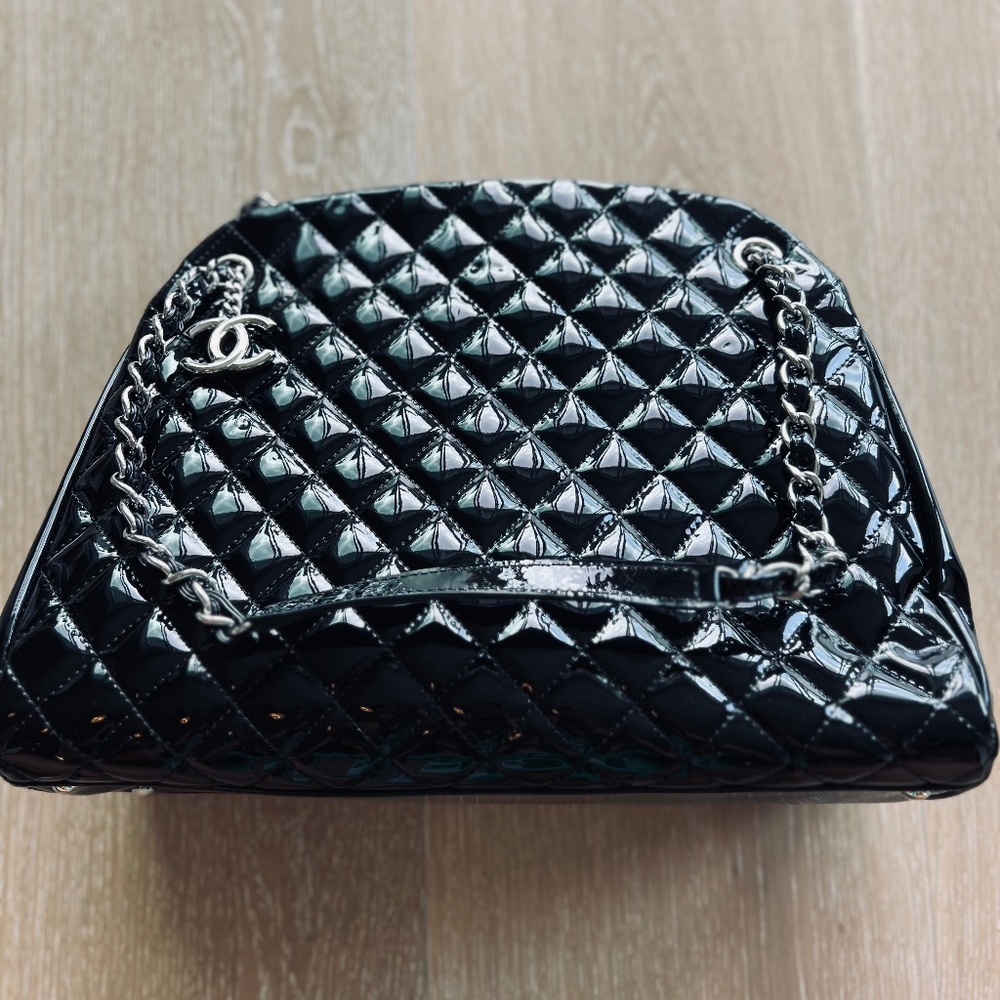 Chanel Quilted Black Patent Leather Mademoiselle Large Bowling Bag